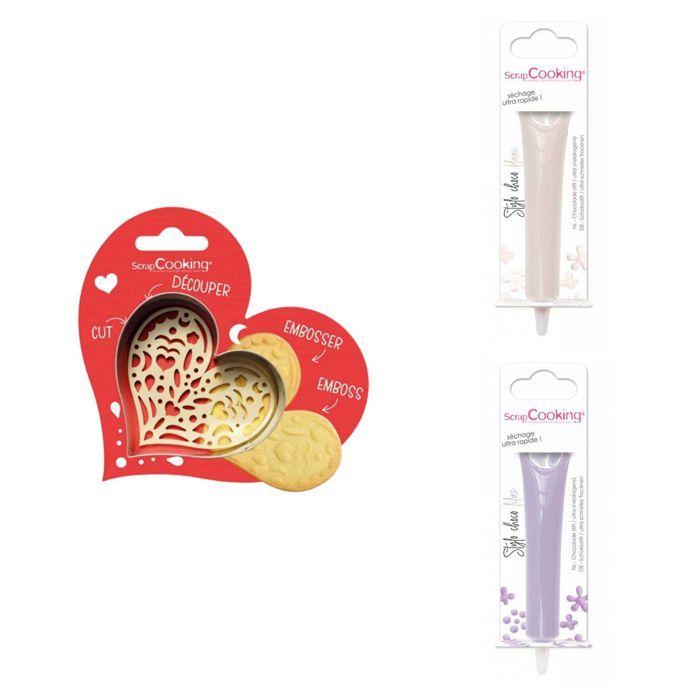 Kit pour biscuit en relief Coeur + 2 Stylos au chocolat blanc et lilas