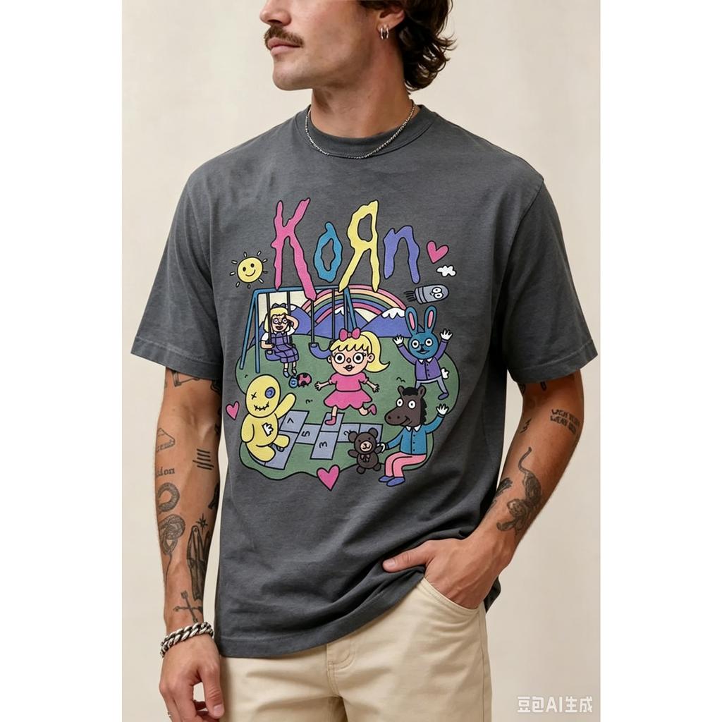 Korn Cartoon Graphic Print T Shirts Men Women Oversized Streetwear Y2k Retro Hip Hop Harajuku Short Sleeve Casual Loose Female Male Clothing