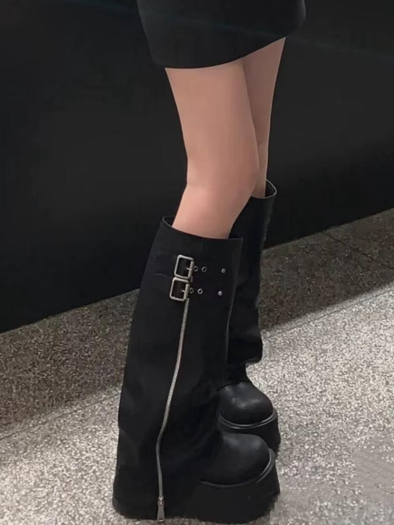 Winter Women Biker Boots Fashion Belt Buckle Ladies Platform Wedge Heel Long Pipe Booties Casual Women's Knee High Booties Q121