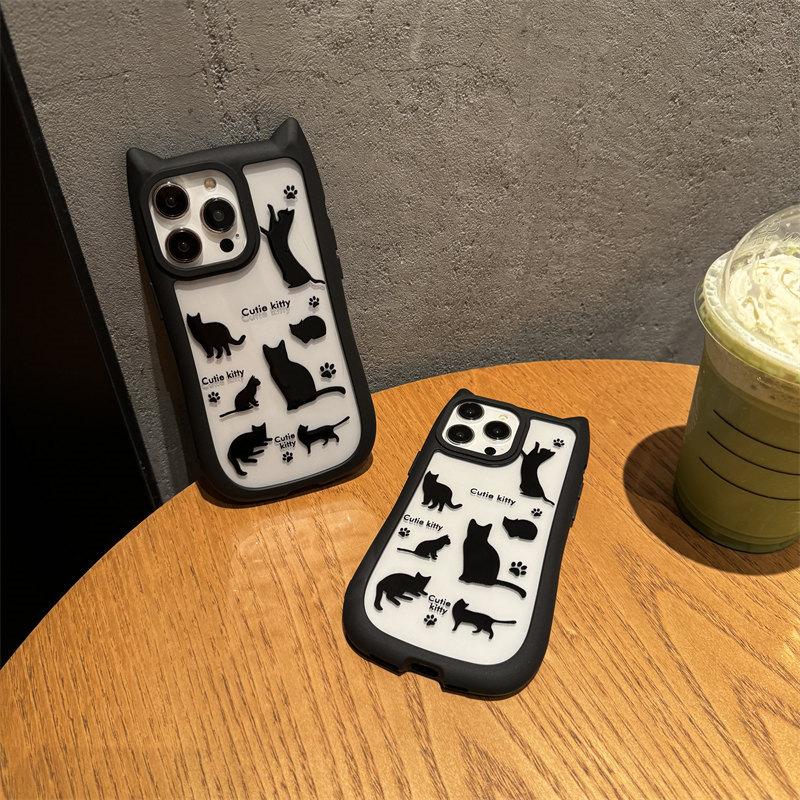 Cartoon Cute 3d Cat Ears Black Cat Doodle Case for iPhone 15 Pro Max 14 Plus 13 12 Pro 11 All-inclusive Fall Protection Cover