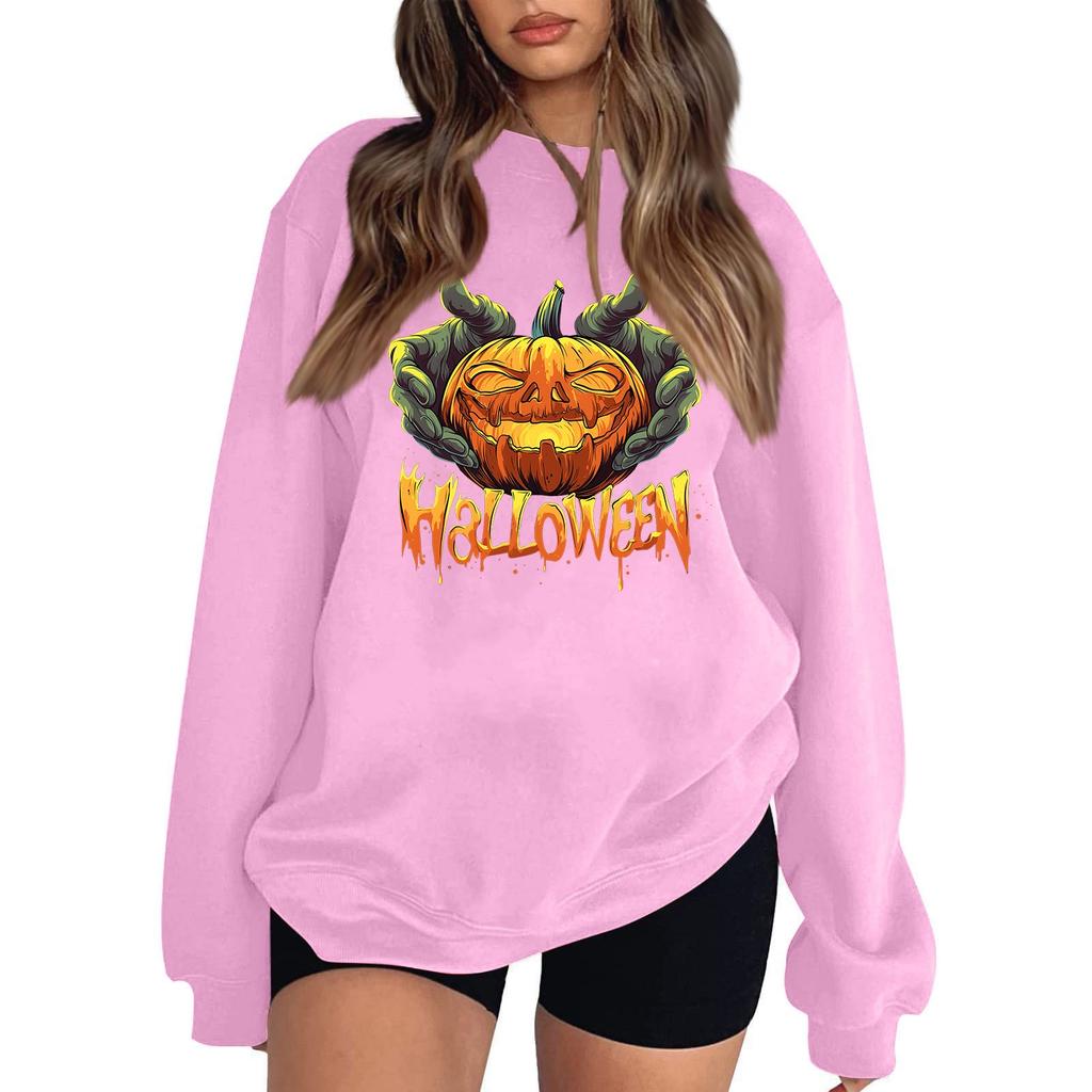 Women's Casual Round Neck Long Sleeved Pullover, Halloween Printed Top, Long Sleeved Hoodie