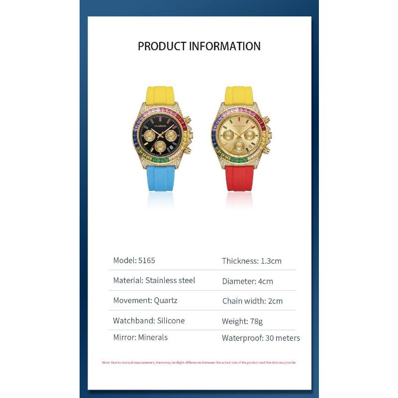 Colorful Rainbow Crystal Bezel Chronograph Watch Men Casual Sport Quartz Wristwatch with Date Function