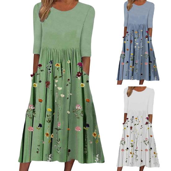 Yousheng Women's Summer Flowy Midi Dress Boho Floral Pleated Dress with Pockets Casual Half Sleeve Crew Neck Swing Dress