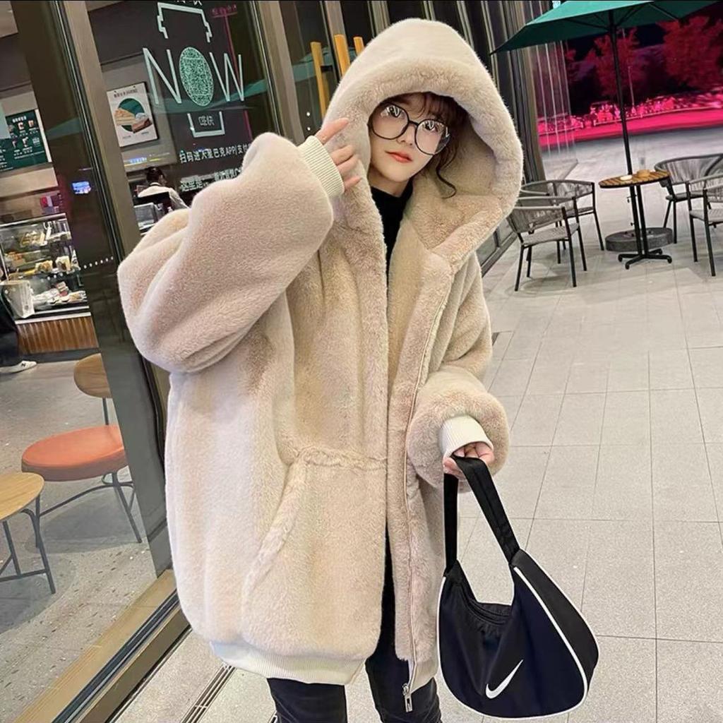 Korean Imitation Rex Rabbit Fur Coats Female Winter Warm Long Thickened Hooded Lamb Wool Cashmere Coat