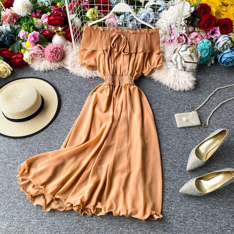 Платье для летних каникул Супер Фея Сладкие плиссированные длинные шифоновые женские платья с воротником с открытыми плечами в западном стиле