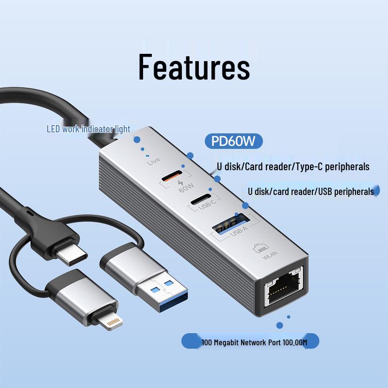 USB-концентратор с сетевой картой 100 Мбит/с - Без драйверов, Три в одном, Многофункциональный расширитель для ноутбука