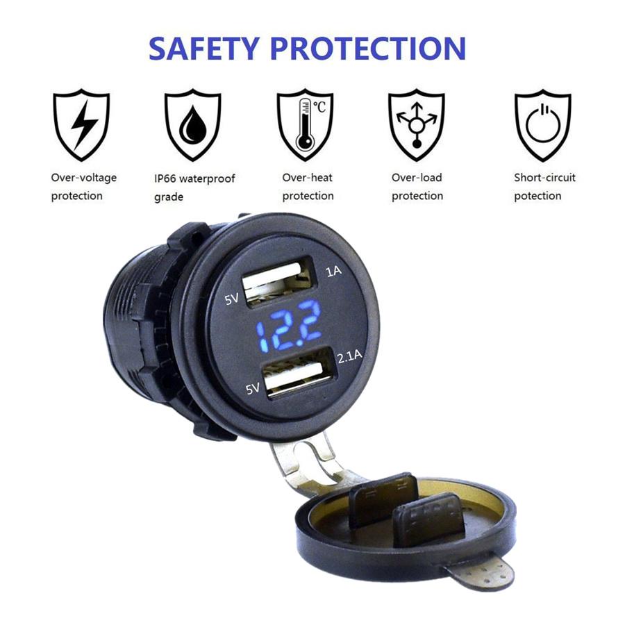 Waterproof Dual Usb Charger Socket Waterproof Power Outlet 3.1A With Voltmeter & Wire In-Line 10A Fuse For 12-24V Car Boat Marine Motorcycle