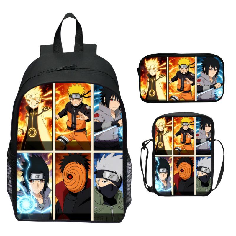 Naruto Anime 3-Piece Backpack Set Printed Cartoon Elementary School Bag Lightweight Multi-Pocket