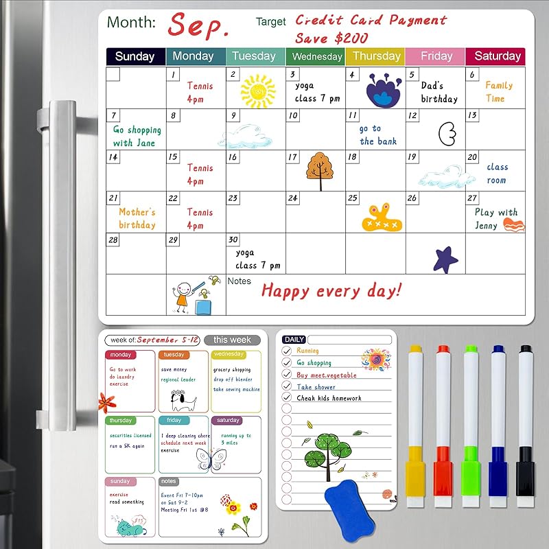 Magnetic Dry Erase Fridge Calendar Whiteboard Set,3 Pack 14.6" x 11" Reble Refrigerator Calendar for Fridge & Wall-Monthly, Weekly,Daily Planners