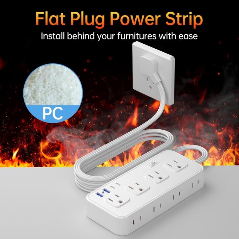 US Plug Power Strips with 8 Outlets 4 USB Port(2 USB-C), Braideds Extender Cable,Surges Protectors Adapter for Home