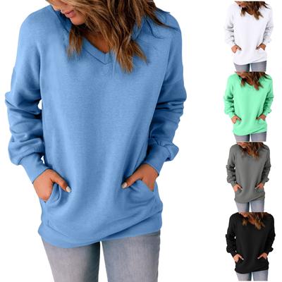 Женская повседневная толстовка с v-образным вырезом, свободные мягкие пуловеры с длинными рукавами, однотонные рубашки с боковыми карманами