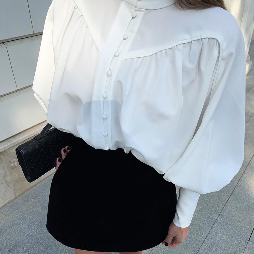 1116 Spring design sense temperament elegant small stand-up collar lantern sleeve pleated commuter style women's shirt wholesale
