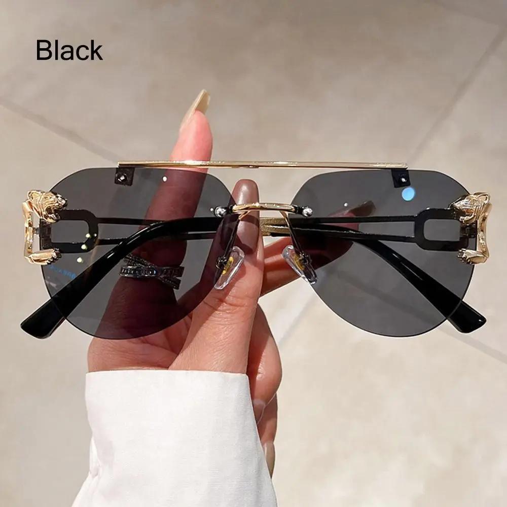 New Rimless Cheetah Decor Sunglasses Gradient UV400 Double Bridge Sun Glasses Shades for Women & Men Lunettes De Soleil Homme