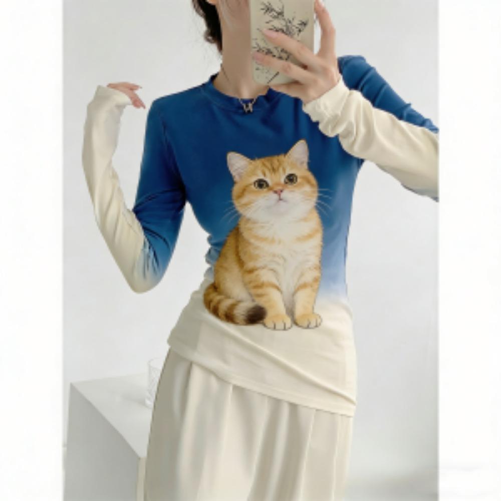 Весна Европа Америка Кот Леопардовый принт Модная женская футболка Пуловер Женская одежда с длинным рукавом Повседневные футболки для улицы Топ