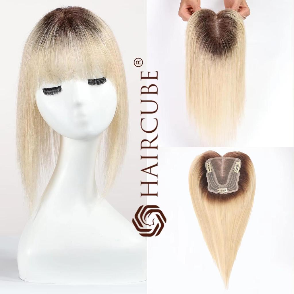 HAIRCUBE Blonde Ombre Human Hair Toppers with Bangs 3Clip Hairpieces Fringe for Women Hair Loss 14 Inch Swiss Lace Invisible Hair Toppers