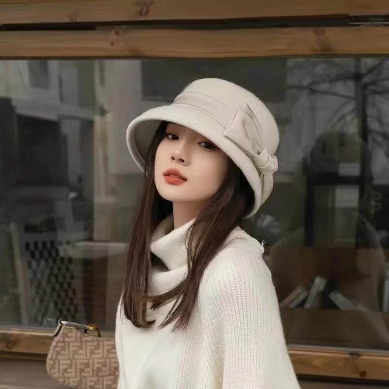 202308-2508937 Japan Ins Dropshipping Winter Wool Felt Hepburn Grace Bowknot Ribbon Lady Bucket Cap Women Leisure Fishermen Hat