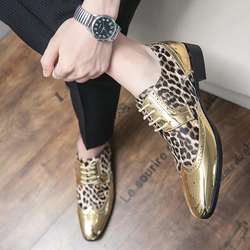 Fashion Pointed Toe Leopard Print Mens Leather Shoes Brogue Shoes Men Business Lace-up Oxford Prom Evening Dresses Chelsea Leather Shoes