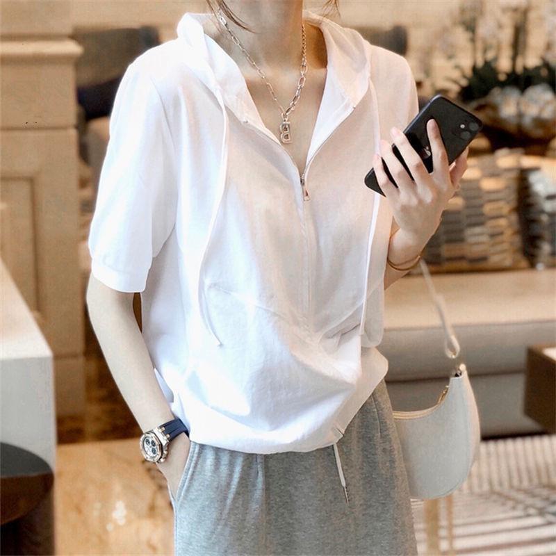 Women's Summer Design Short Sleeve Hooded T-Shirt Solid Color Thin Temperament Tops