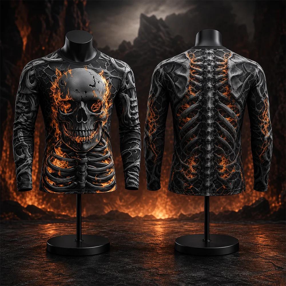 Мужская футболка с принтом скелета на Хэллоуин, с длинным рукавом, готическая, модная, уличная, повседневная, дышащая, одежда для вечеринки на Хэллоуин, Y2K