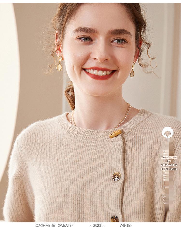 Women's Red Cashmere Round Neck Cardigan - Solid Color, Side Button, Loose, Slimming Knit Outerwear