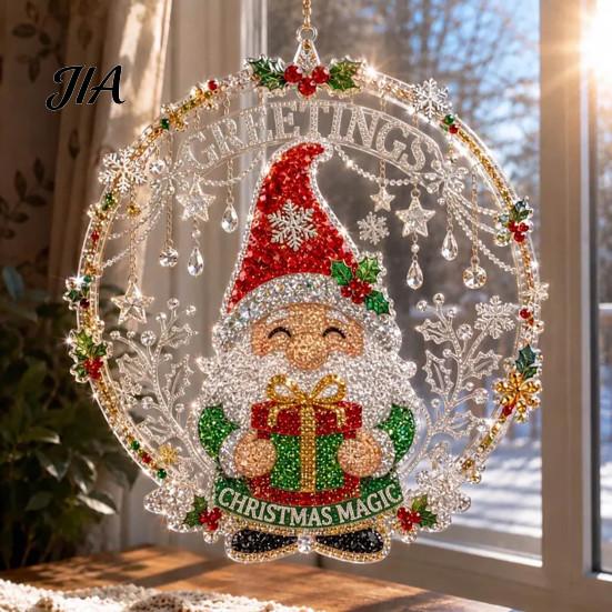 Decorative Acrylic Craft Christmas Faux Diamond Art Suncatcher, 2D Flat Window Hanging Ornament, Seasonal Home Accents Beaded Pattern Holiday