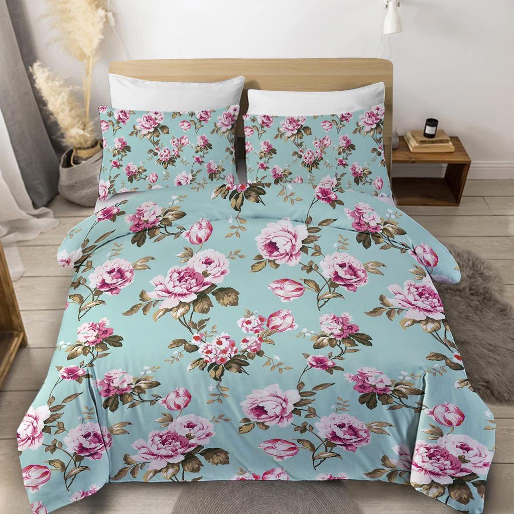 Shabby Chic Floral Duvet Cover Set Vintage Rose Butterfly Pattern Watercolor Flowers Bedding Set 2/3pcs,Botanical Comforter Sets