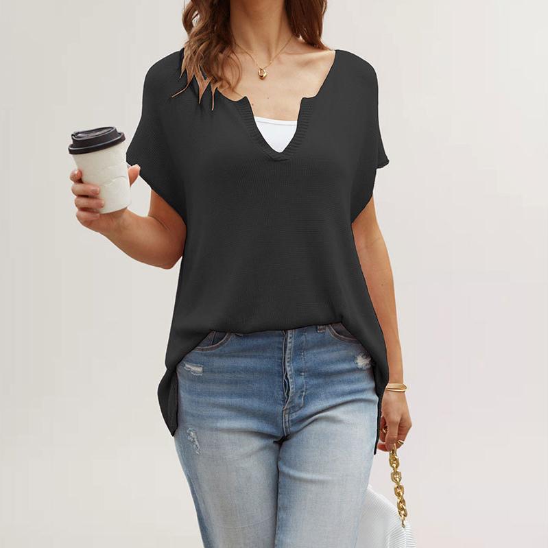 Summer V-neck Solid Color Open Short Sleeve Loose Plus Size Pullover Knit Sweater