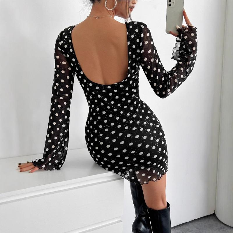 Elegant Women S Long Sleeve Polka Dot Print Mesh Dress