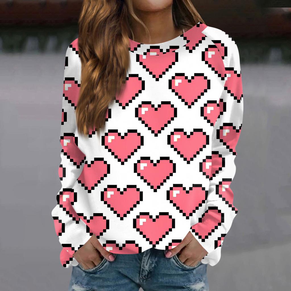 Женская модная повседневная толстовка с длинным рукавом и принтом на День святого Валентина и круглым вырезом