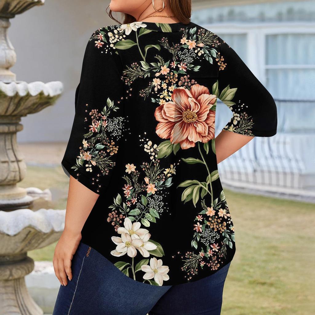 Women's Fashion Large Size Print V-Neck Three-quarter Sleeve Top