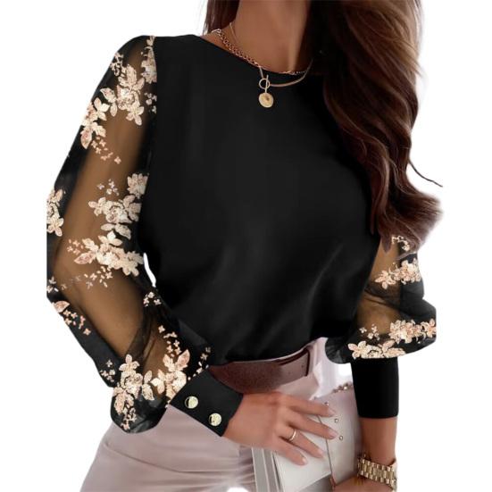 Осень-весна, женская рубашка, прозрачная сетка, однотонная, с круглым вырезом, с цветочным декором, с длинным рукавом, пуловер в повседневном стиле, элегантная женская блузка