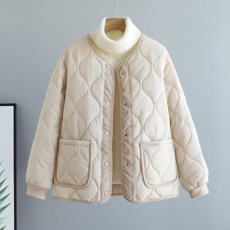 Corduroy Patchwork Quilted Jacket Winter Women Clothing Parkas Warm Cotton-padded Jacket Lightweight Coat Single-breasted Tops