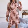 Women's Casual Elegant Flower Print Long Sleeve Tie Waist Long Sleeve Pleated Skirt Dress