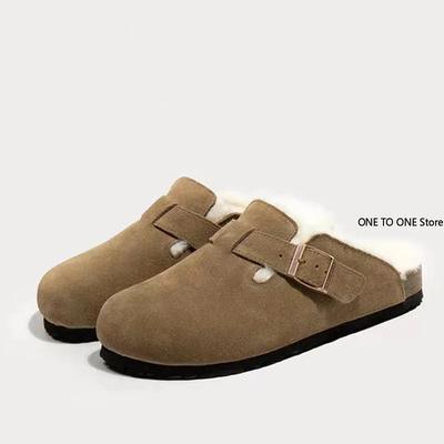 Модные женские тапочки 2025 Осень Зима Кожаные тапочки с круглым носком Тапочки для пар Уличные повседневные Сохраняющие тепло Женские замшевые шлепанцы Mujer