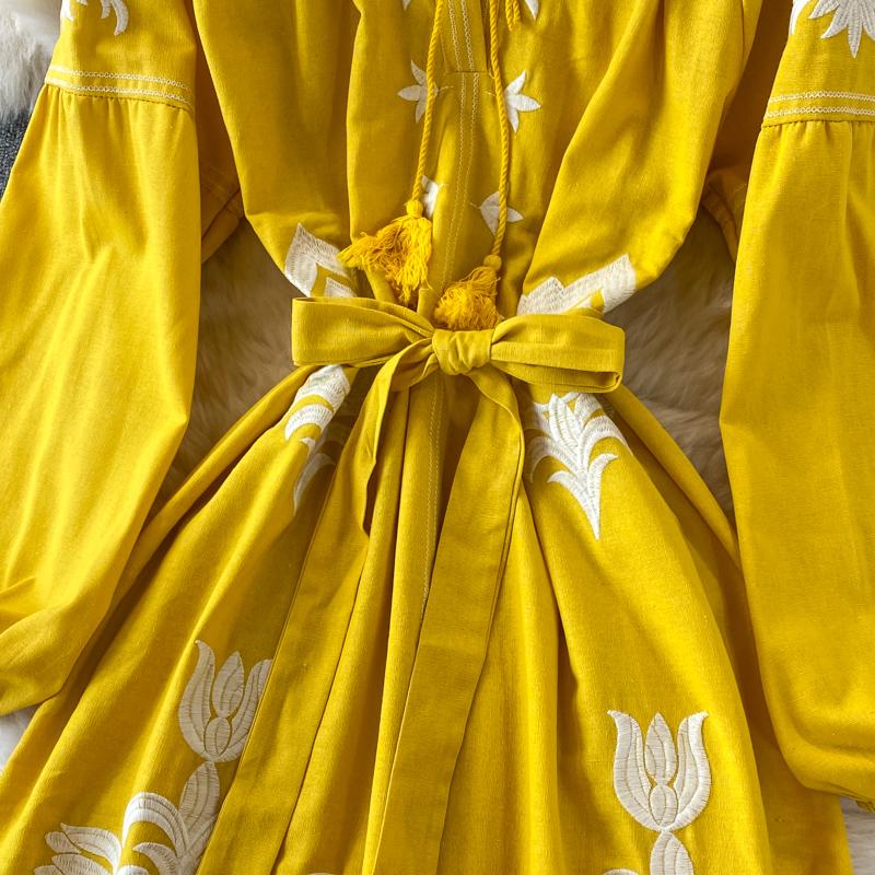 RUGOD Длинное платье в этническом стиле для путешествий и отдыха с вышивкой и круглым вырезом, с рукавами-фонариками, в богемном стиле, в стиле ретро, ​​свободное свободное платье для женщин