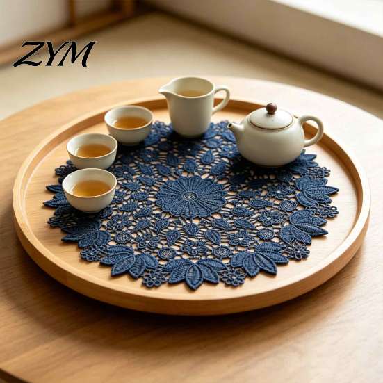 Heat Insulating Coasters Round Lace Doily, Dark Blue Floral Placemat, Embroidered Table Decorative Centerpieces Mat, Heat-resistant Doilies