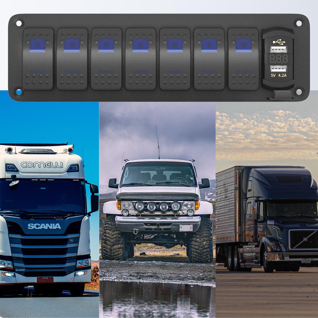 Панель переключателей DaierTek 7 Gang Rocker Switch Panel Marine Boat Switch Panel Waterproof с зарядным устройством USB и вольтметром для вертикального грузовика UTV