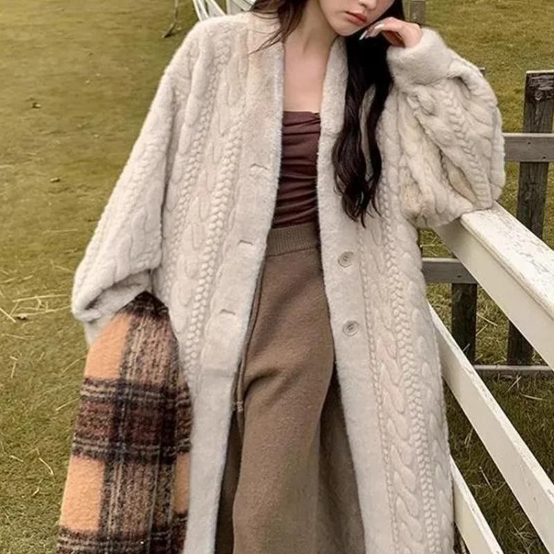 Coat Women 2024 Spring Long Sleeve Single Breasted Loose Female Midi Jacket Twists Knit Lady Fashion Outcoat