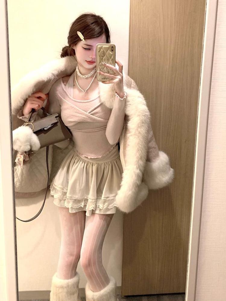 Janpanese Kawaii Sweet комплект из 2 предметов, женский вязаный топ с вырезом крестом, мини-юбка для торта, женский корейский модный дизайн, повседневный костюм, новинка 2024 года