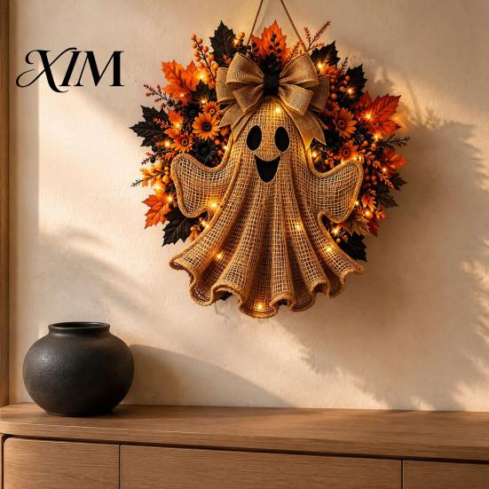 Autumn Thanksgiving Gift Ideas Rustic Halloween Ghost Wreath for Front Door, Farmhouse Burlap Hanging Artificial Maple Leaves Daisy Berry with Leaves,
