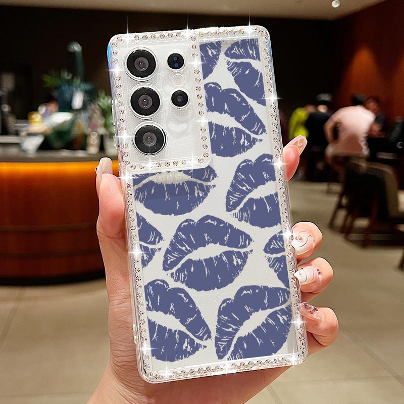 Мягкий силиконовый чехол с принтом в виде губ и ромбовидной рамкой для Samsung S25 Edge S24 FE S23 Ultra S22 A16 A56 A36 A15 A55 A35, прозрачный противоударный чехол для телефона