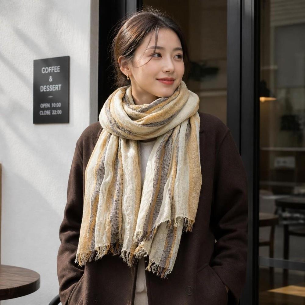 Breathable Cotton Linen Neckerchie Short Tassel Unisex Scarf Soft Striped Scarf Office