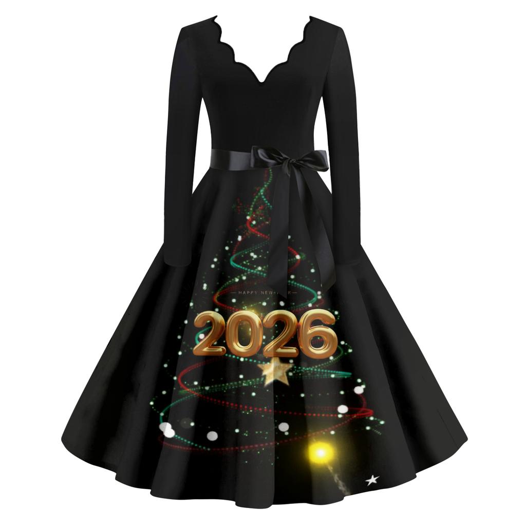 Женское повседневное модное платье винтажного стиля с V-образным вырезом и новогодним принтом