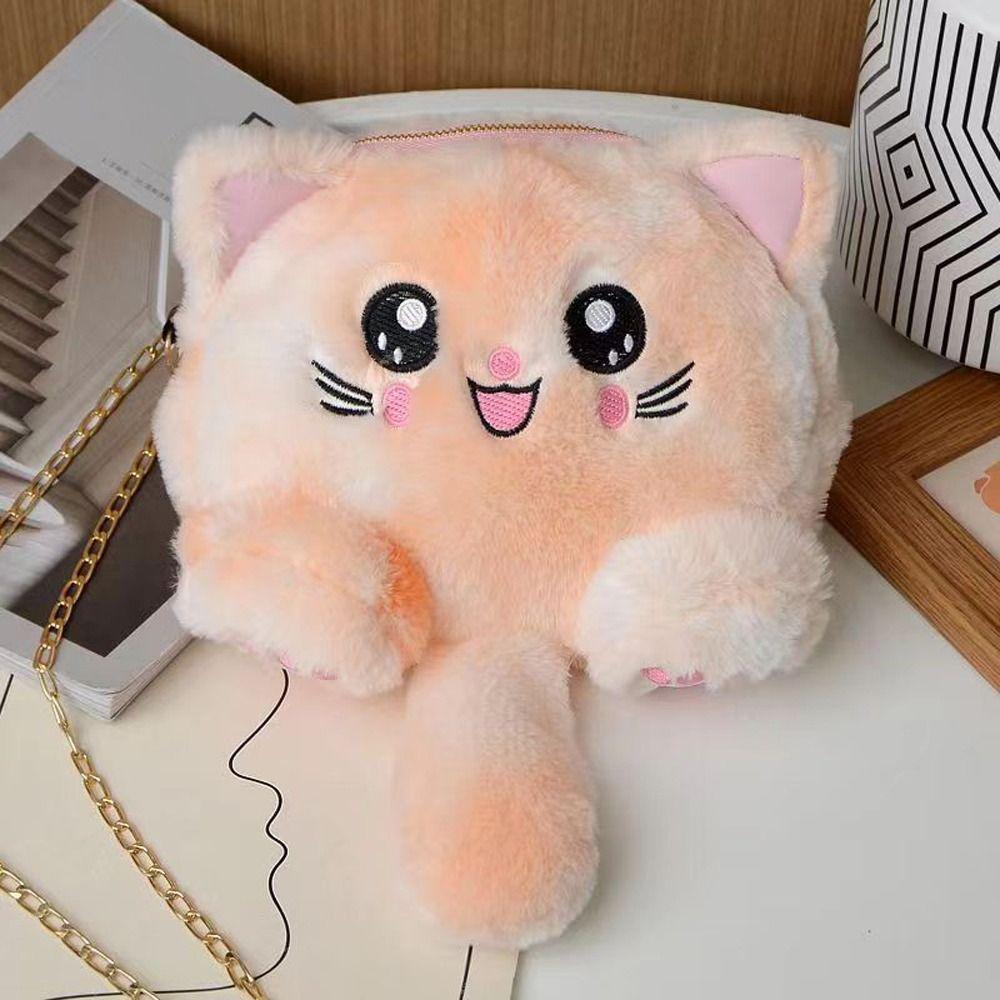 Rainbow Cat Shoulder Bag Faux Fur Stuffed Doll Bag Portable Plush Crossbody Bag  Streetwear