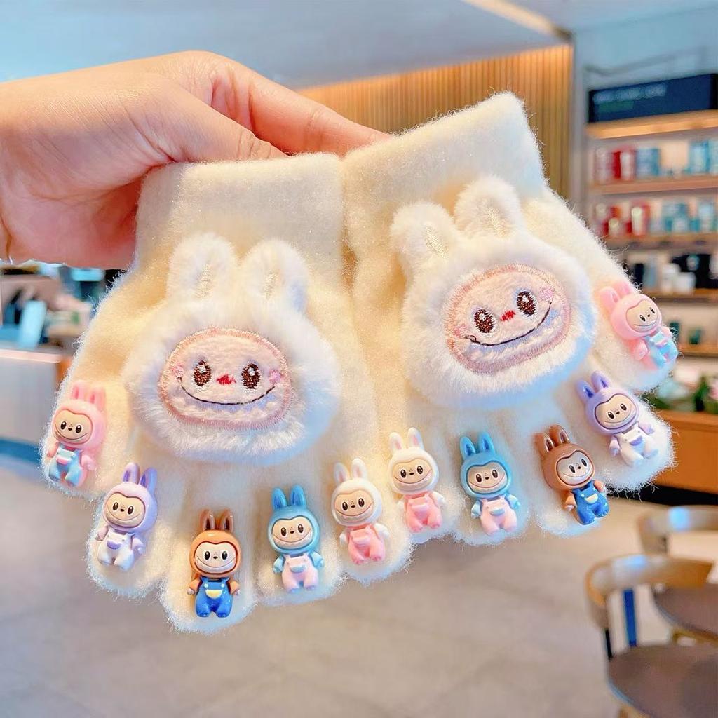 Plush Children's Five-Finger Gloves with Cute Animal Characters for Autumn and Winter