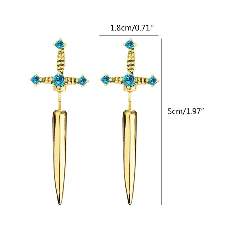 Novel Punk Multicolor Crystal Dagger- Earrings Metal Sword- Handle Studs Earrings for Women Girls Halloween Jewelry Gift