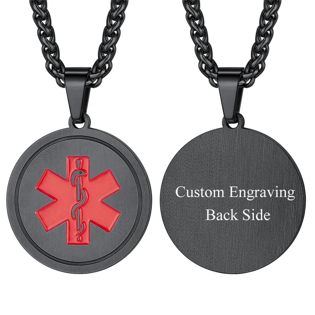 U7 Stainless Steel Custom Data Engrave ID Medical Alert Tag Necklace Men Women First Aid Allergy Infomation Emergcy Med Jewelry