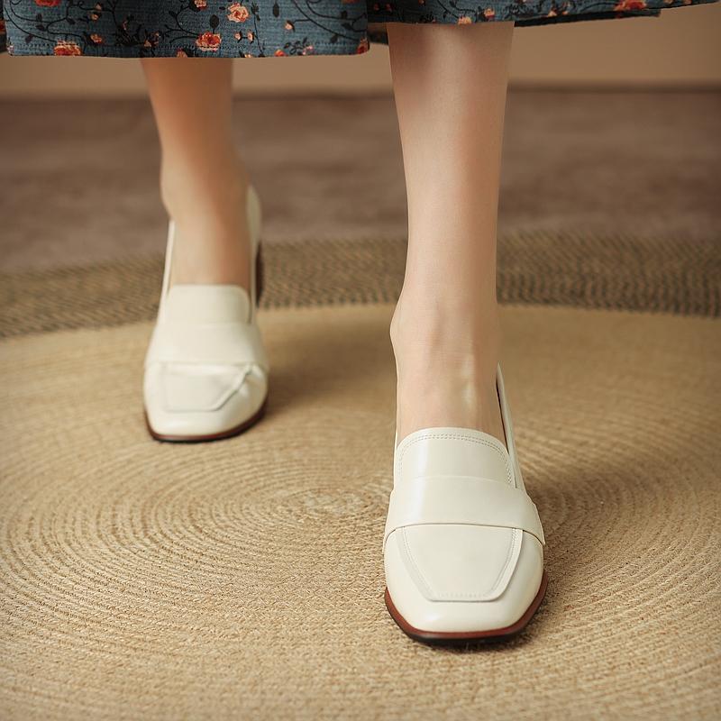 Мода 2025 Весна Новые ТУФЛИ ЖЕНСКИЕ ИЗ НАТУРАЛЬНОЙ КОЖИ ПОВСЕДНЕВНЫЕ Женские Слипоны Лодочки с Мелким Вырезом Квадратный Носок Каблуки Женская Обувь Zapatos De Mujer