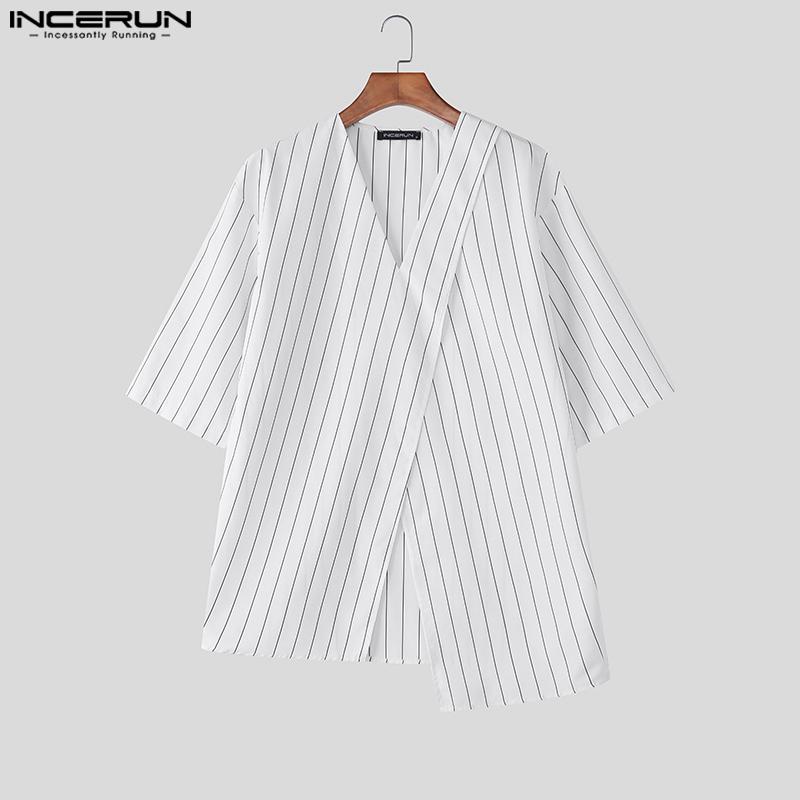 INCERUN Мужские повседневные футболки с V-образным вырезом, коротким рукавом, полосатым перекрестом спереди, асимметричным низом