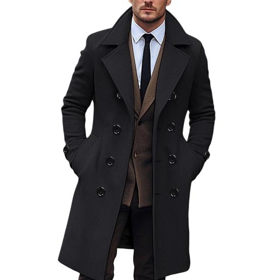 Men Long Woolen Coat Lapel Long Sleeve Solid Color Windbreaker Pockets Double Breasted Solid Color Mid-length